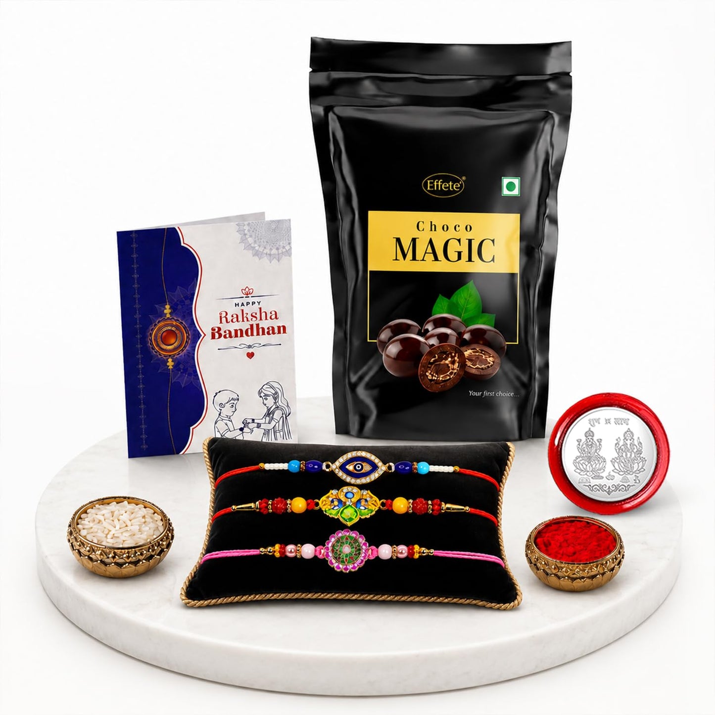 Evil Eye Rakhi Combo - Raksha Bandhan Gift with Choco Magic Standy Pouch, Pack of 7