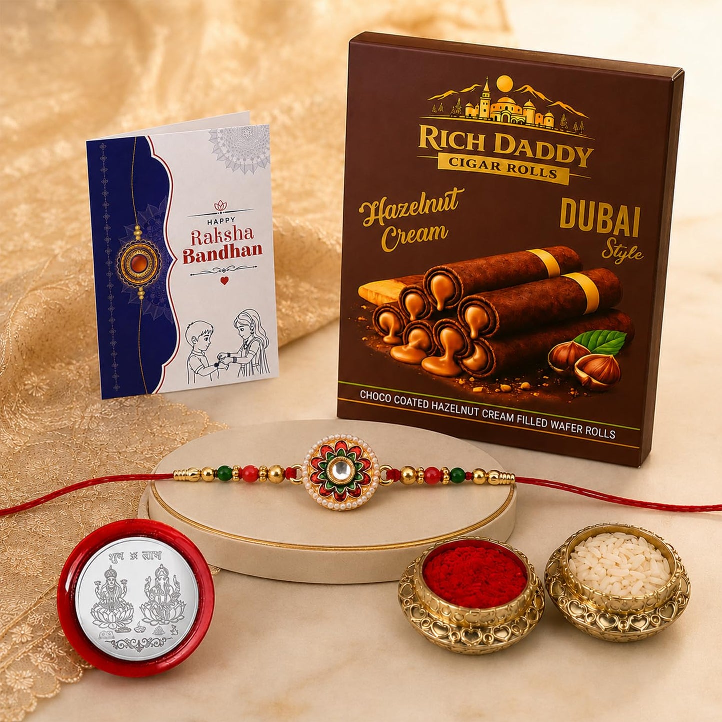 Round Rakhi for Brother with Hazelnut Wafer Rolls, Roli Tikka & Card, Pack of 5