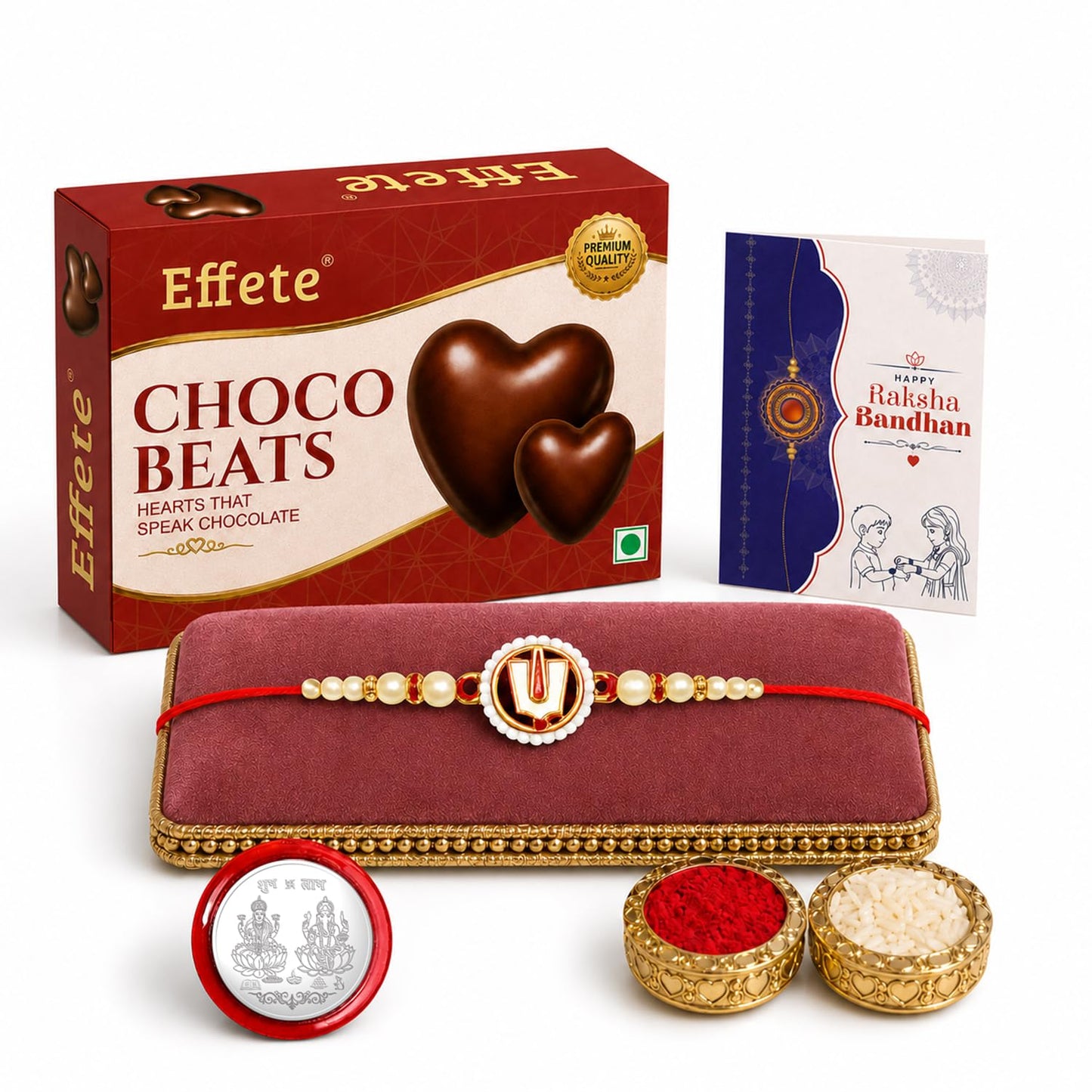 Rakhi with Chocolate for Brother – Raksha Bandhan Combo with Colorful Design Rakhi, Chocolate, Roli Chawal, Silver Color Coin & Greeting Card – Traditional Festival Celebration (Set of 5)