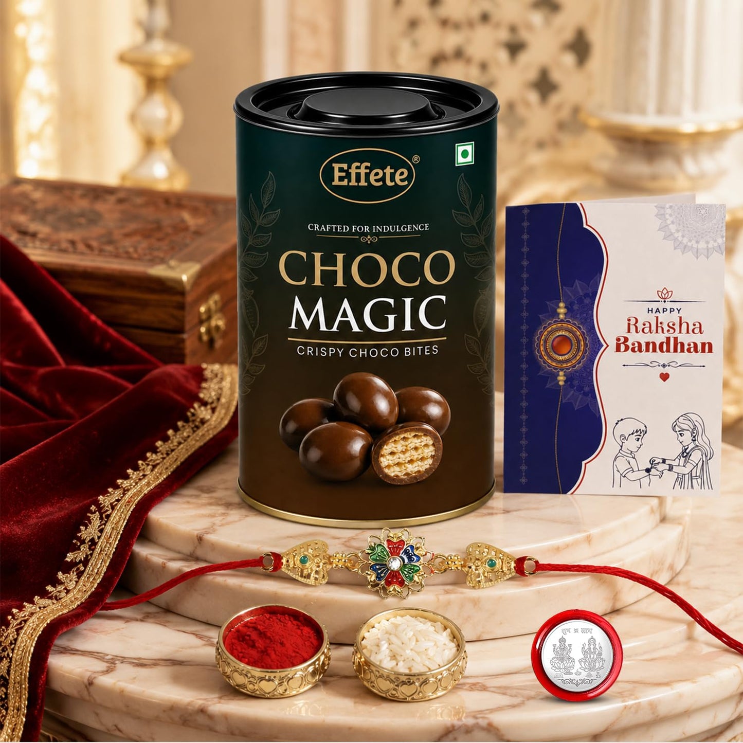 Rakhi with Chocolate for Brother – Raksha Bandhan Combo with Elegant Colorful Design Rakhi, Chocolate, Roli Chawal, Silver Color Pooja Coin & Greeting Card – Festival Celebration (Set of 5)