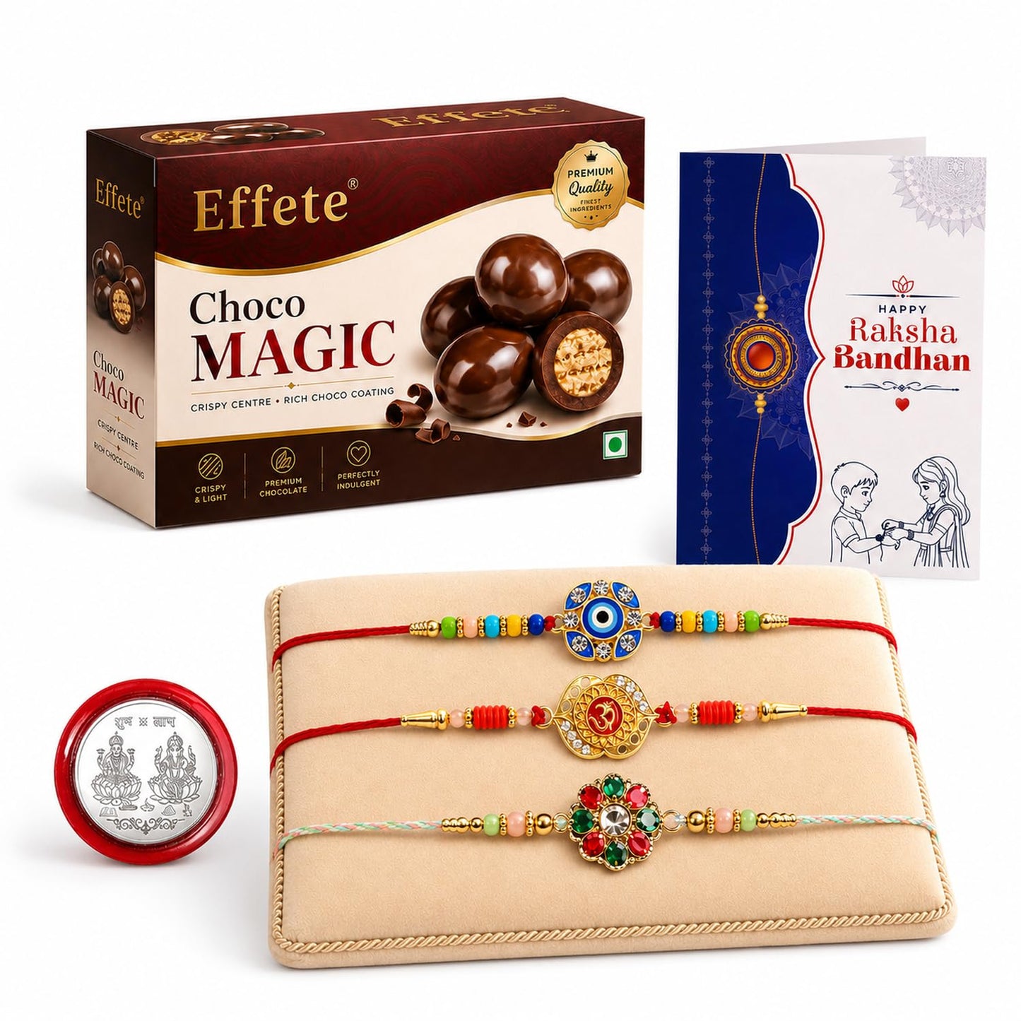 Rakhi with Chocolate for Brother (Set of 7) – Raksha Bandhan Festival Celebration Pack with Evil Eye, Flower & OM Design Rakhi, Chocolate, Roli Chawal, Silver Color Pooja Coin & Greeting Card