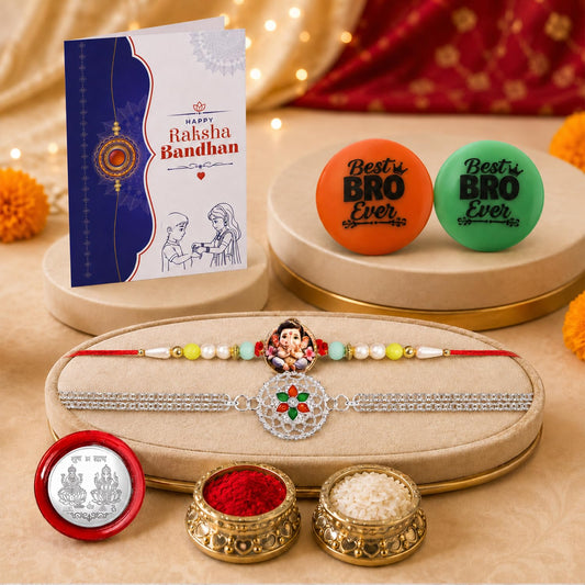 Raksha Bandhan Rakhi Combo with Ganesha rakhi, roli chawal, silver coin, and greeting card.