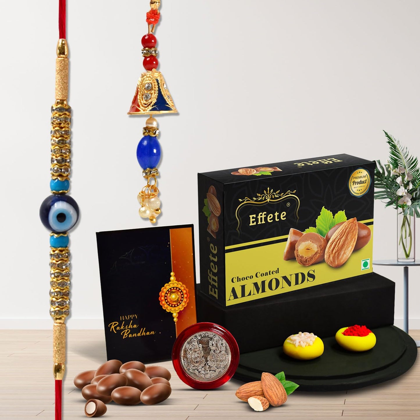 Rakhi For Brother And Bhabhi With Chocolate,silver pooja coin,greeting card and roli chawal, Bhai Bhabhi Rakhi Set With Gift, Rakhi For Bhaiya And Bhabhi (K1_453_CA32)