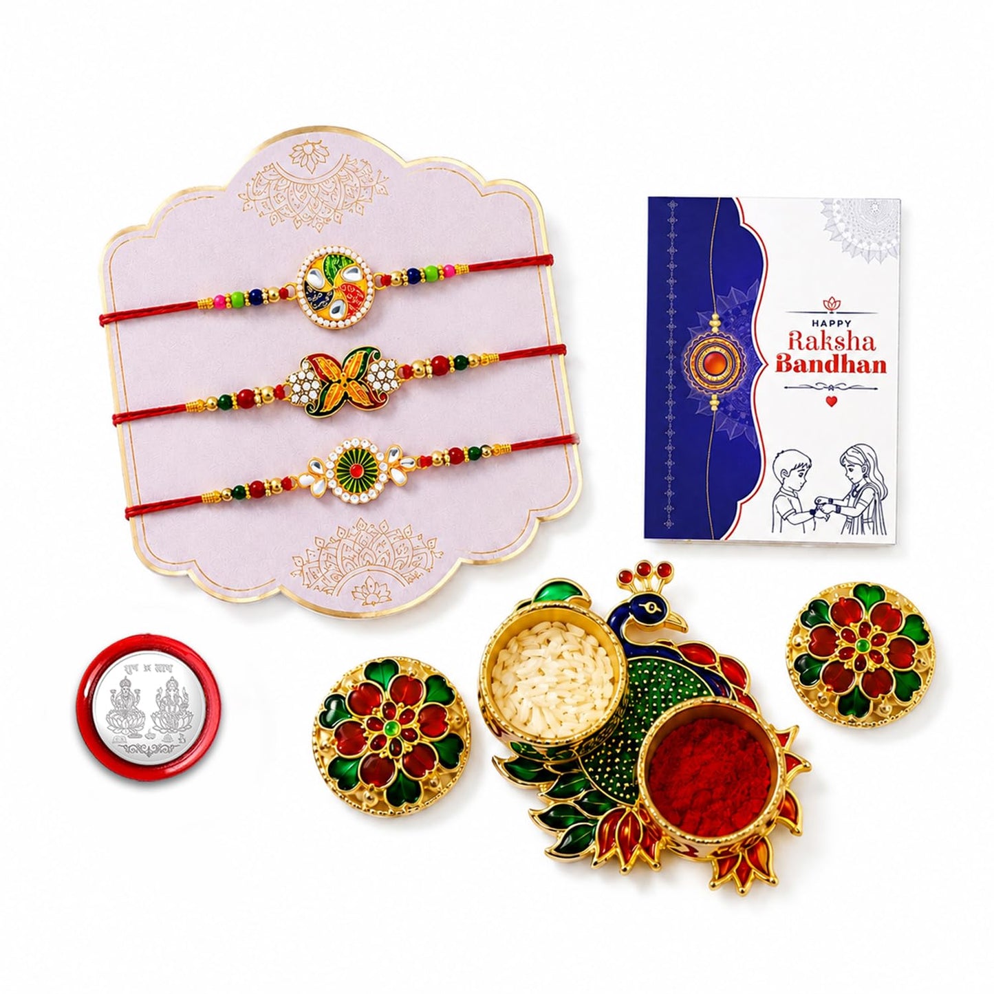 Round Rakhi for Brother with Pooja Thali - Rakshabandhan Gift Set, Pack of 7