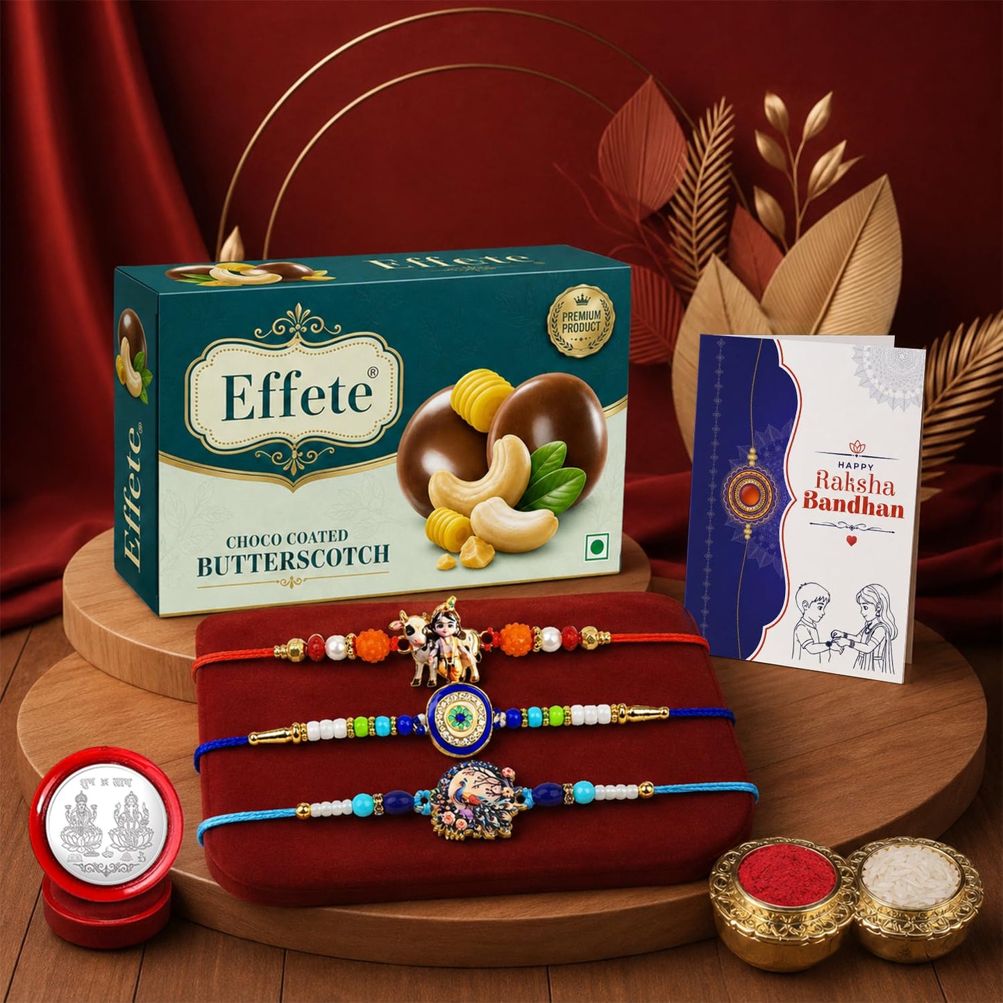 Krishna Cow Rakhi Combo - Raksha Bandhan Gift with Choco Butterscotch 32gm, Pack of 7