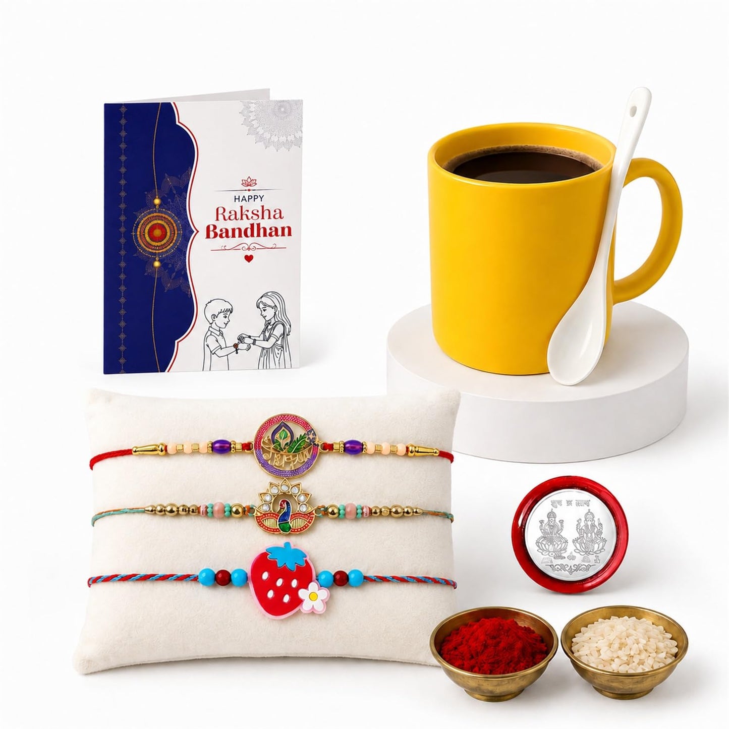 Radha Multicolor Rakhi & Coffee Mug – Raksha Bandhan Gift Combo for Bhai (Pack of 7)