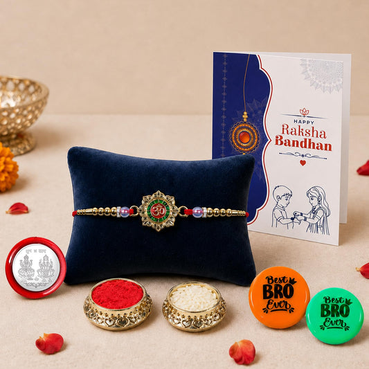 Om multicolor Rakhi combo with festive chocolate gift for brother.