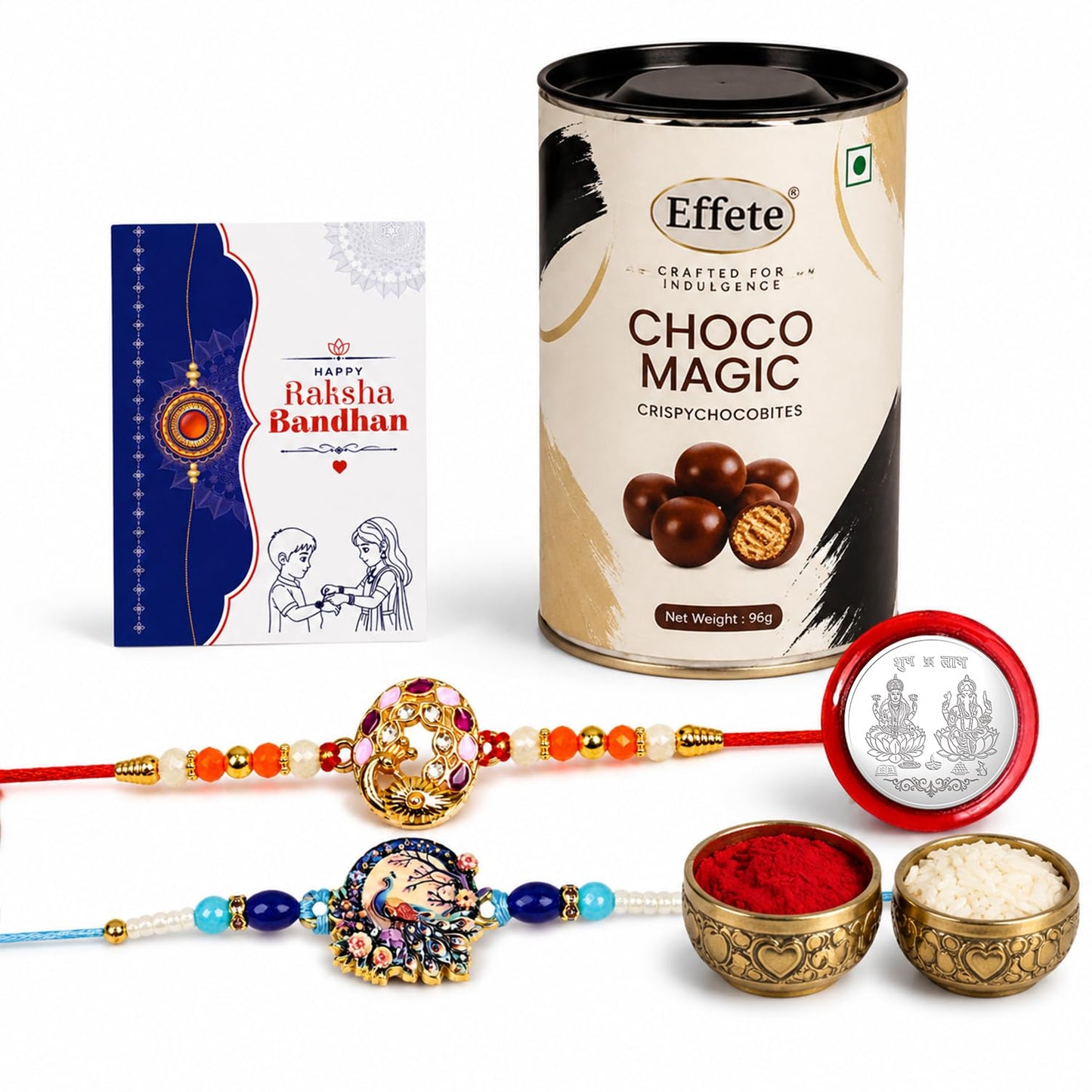 Peacock Rakhi for Brother with Chocolate Magic 96gm, Roli Tikka & Card, Pack of 6