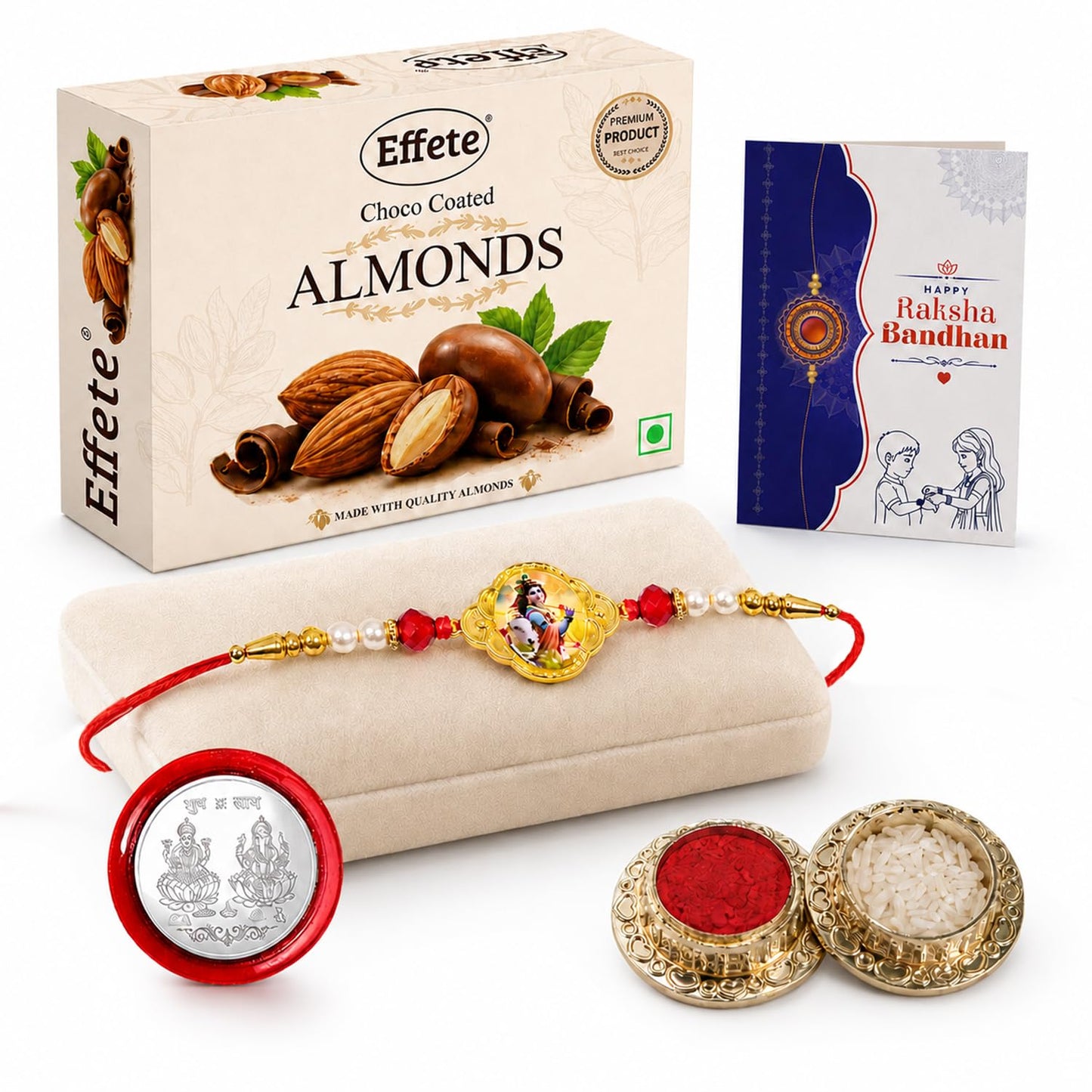 Krishna Rakhi for Brother with Choco Almonds 32gm, Roli Tikka & Card | Pack of 5