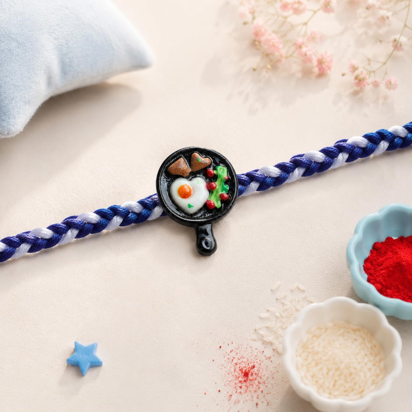 Frying Pan Charm Rakhi for Brother with Choco Magic 96gm, Coin & Card, Pack of 6