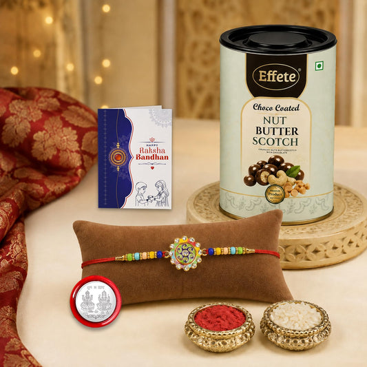 Spiral Rakhi for Brother with Butter Scotch 96gm, Roli Tikka & Card, Pack of 5