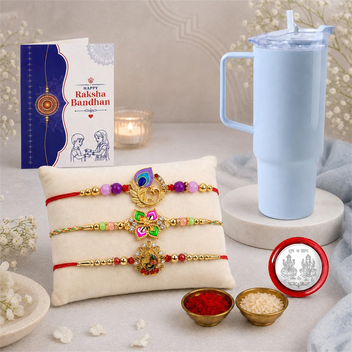 Peacock, Floral Rakhi Combo - Raksha Bandhan Gift with Travel Tumbler 1800ml, Pack of 7