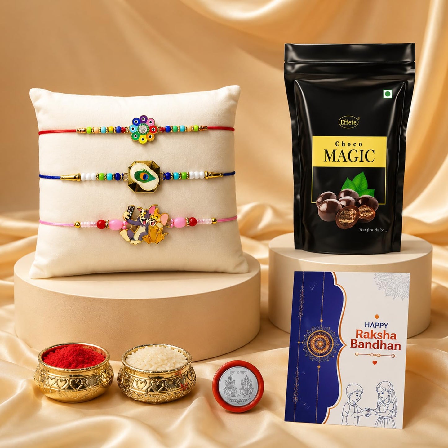 Flower Rakhi for Brother with Choco Magic Pouch, Roli Tikka & Card | Pack of 7