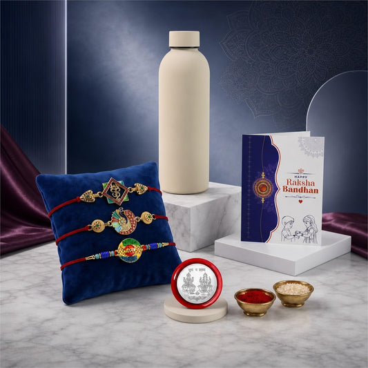 Raksha Bandhan gift combo with Om rakhi and stainless steel water bottle.