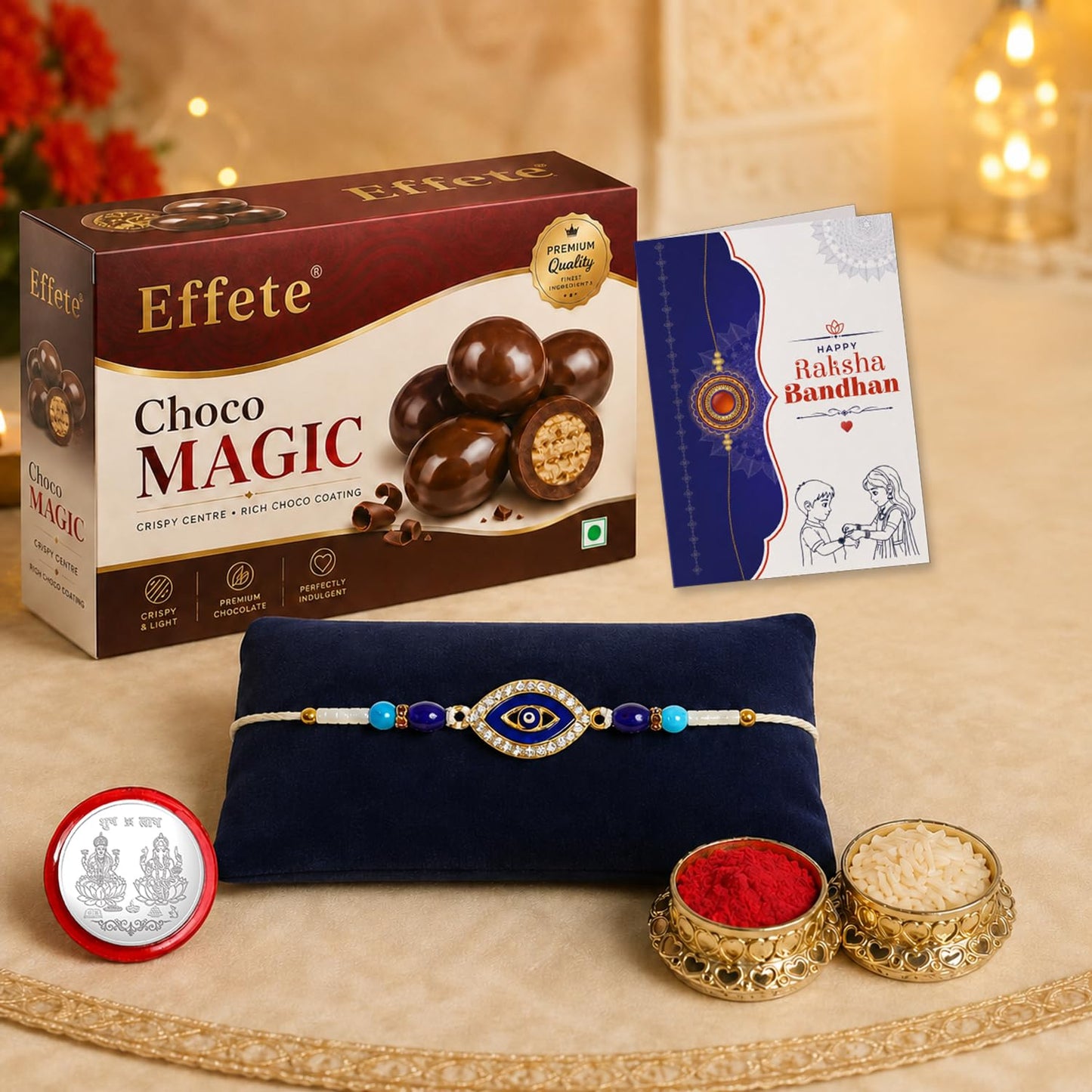 Evil Eye Multicolor Rakhi Combo with chocolates roli chawal and pooja coin.