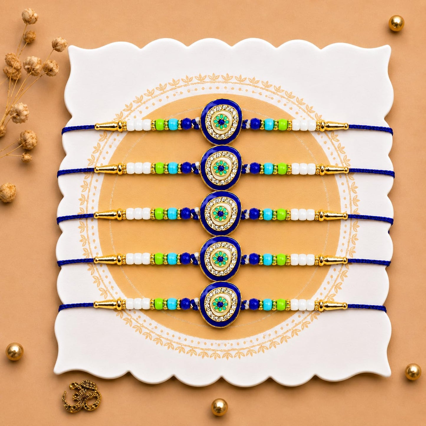 Designer Handcrafted Multicolor Rakhi for Brother with Roli Tikka, Pack of 5
