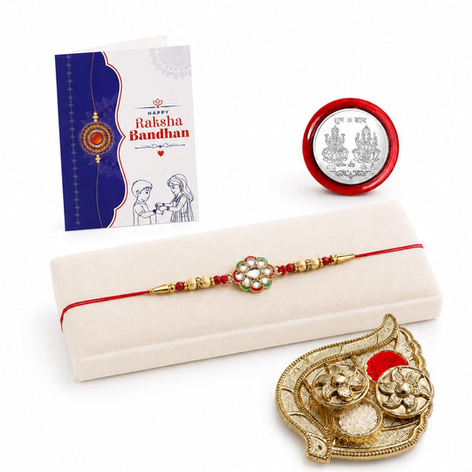 Flower Rakhi for Brother with Pooja Thali, Roli Tikka & Greeting Card, Pack of 5
