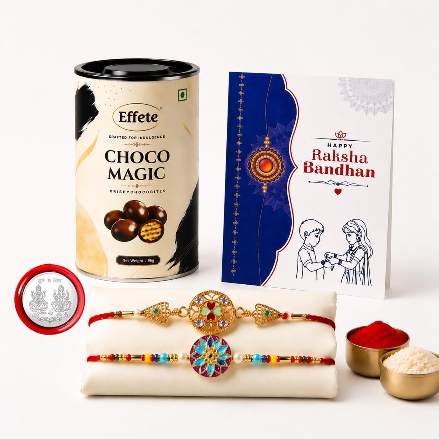 Kundan Rakhi for Brother with Chocolate Magic 96gm, Roli Tikka & Card, Pack of 6