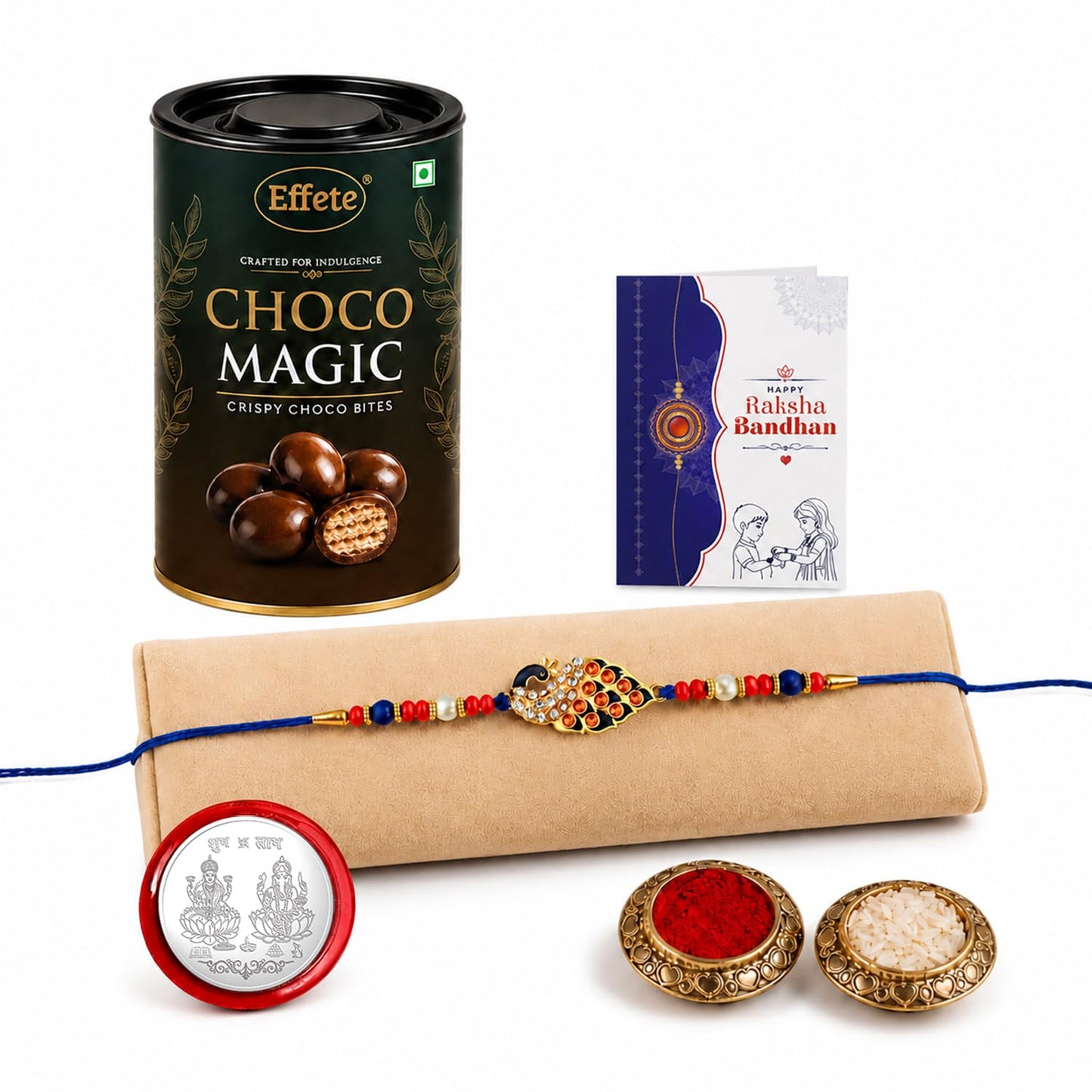 Peacock Rakhi for Brother with Chocolate Magic 96gm, Roli Tikka & Card, Pack of 5