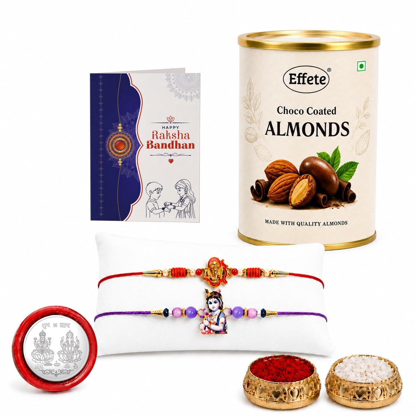 Designer Rakhi for Brother with Choco Almonds 96gm, Roli Tikka & Card, Pack of 6