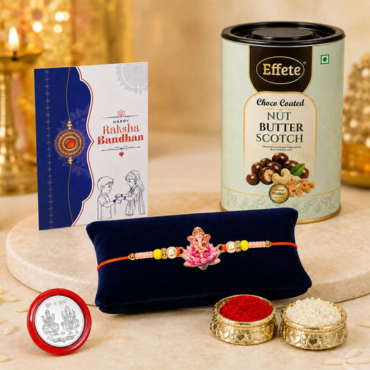 Ganesha Rakhi for Brother with Butter Scotch 96gm, Roli Tikka & Card | Pack of 5