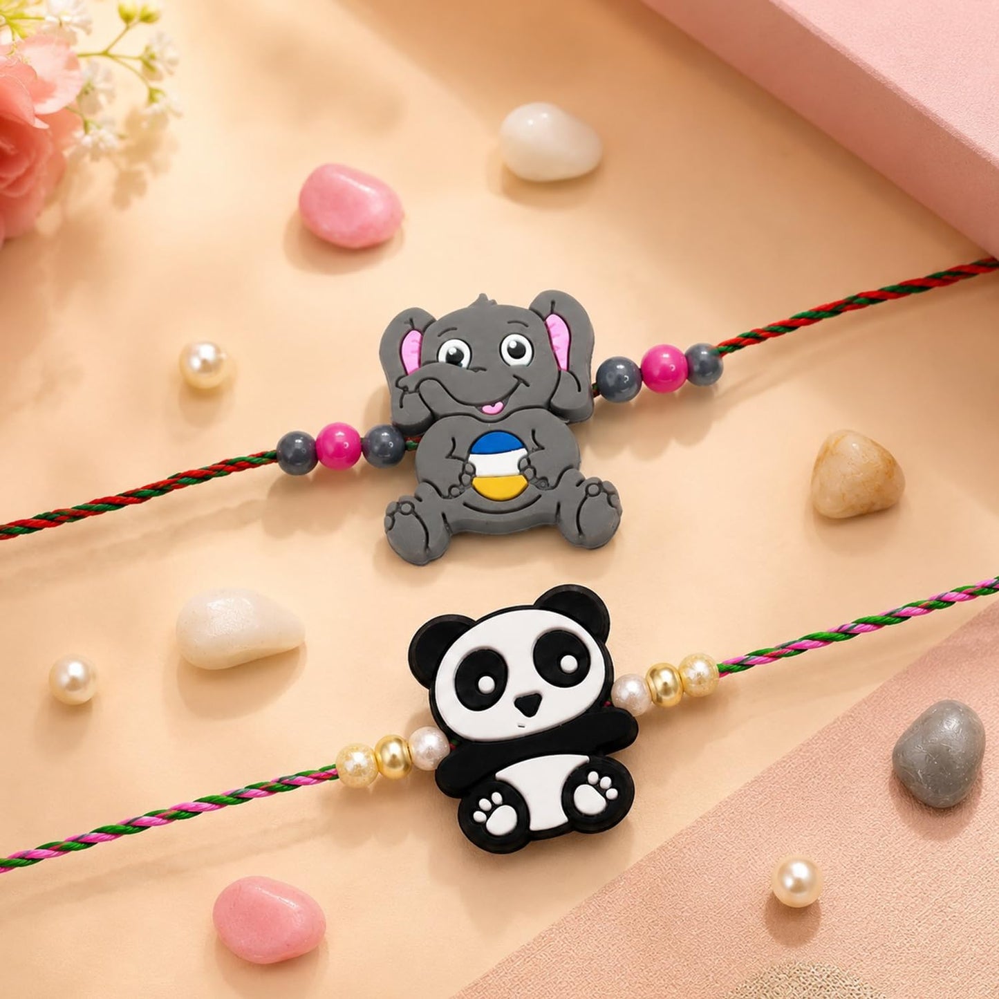 Multicolor Panda Rakhi for Brother with Roli Tikka, Pooja Coin & Card, Pack of 5