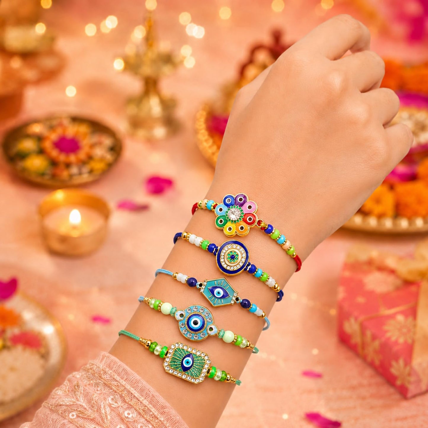 Designer Auspicious Rakhi for Brother with Roli Tikka & Greeting Card, Pack of 8
