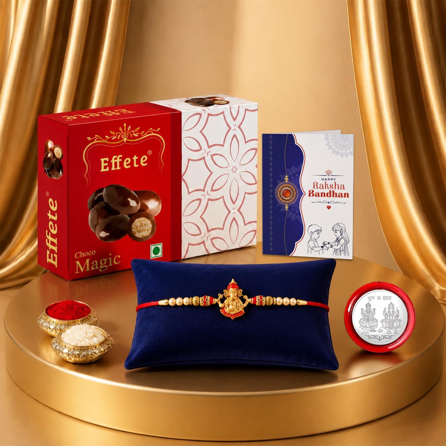 Designer Rakhi for Brother with Choco Magic 32gm, Roli Tikka & Card, Pack of 5