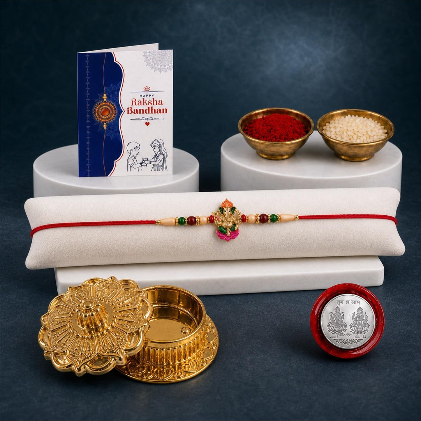 Ganesha Rakhi Combo - Raksha Bandhan Gift with Golden Pooja Kankavati, Pack of 5