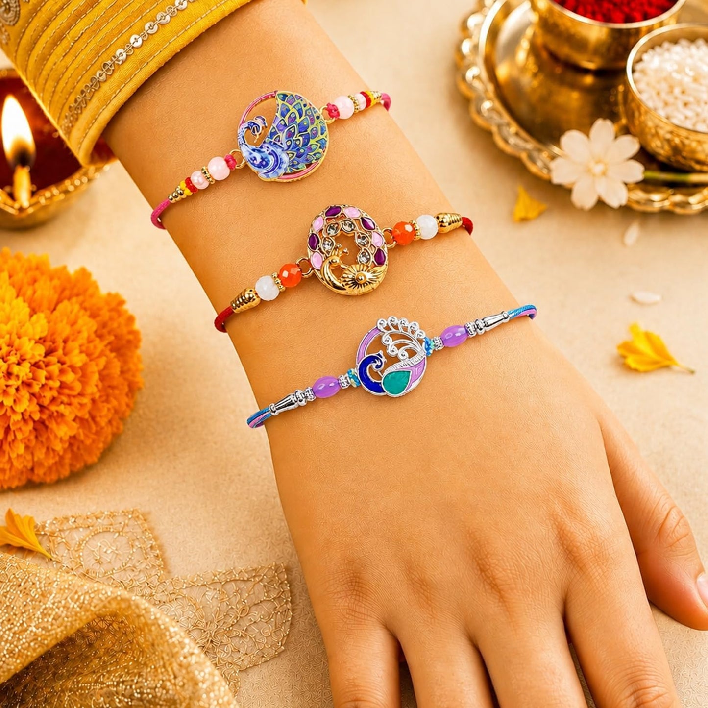 Designer Handcrafted Multicolor Rakhi for Brother with Roli Tikka, Pack of 6