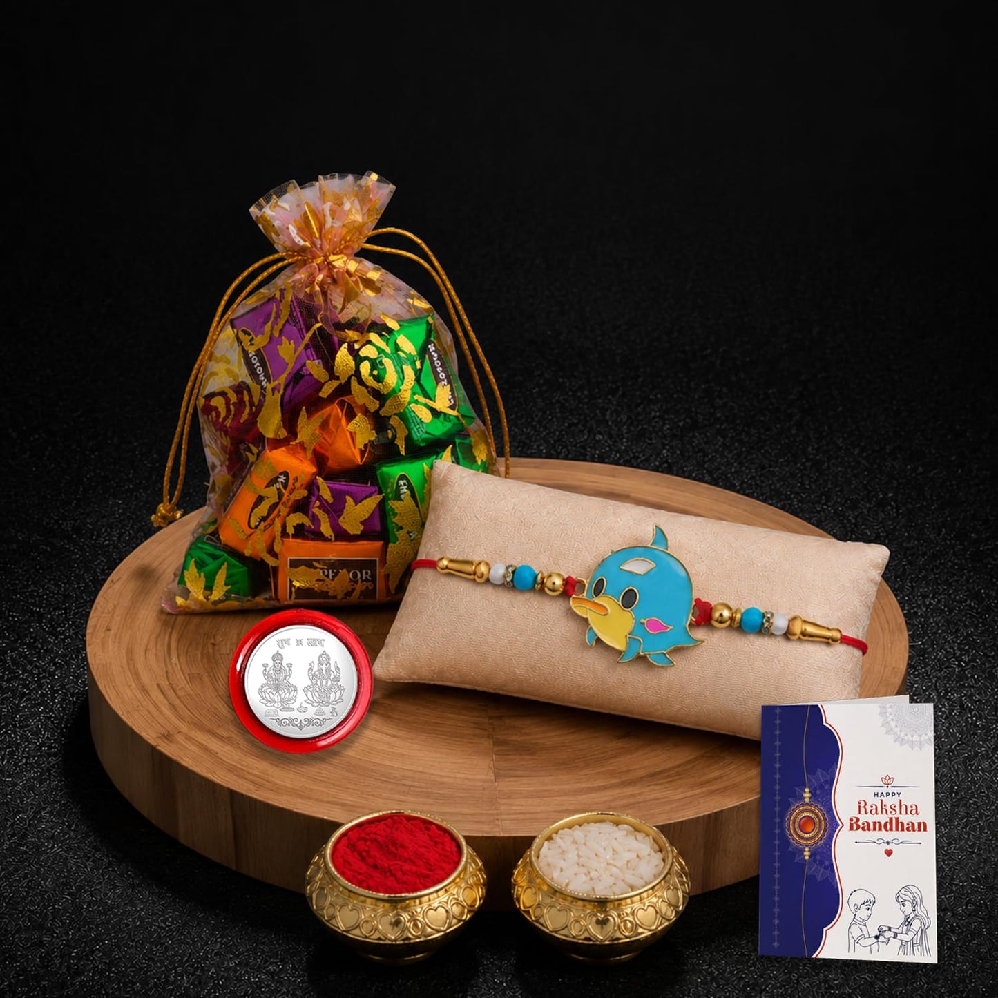 Kids Rakhi for Brother with Assorted Treats 10pcs, Roli Chawal & Card, Pack of 5