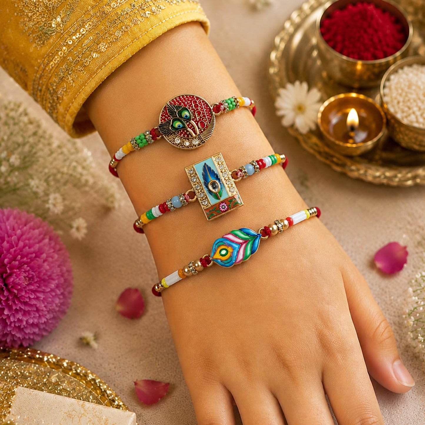 Designer Handcrafted Multicolor Rakhi for Brother with Roli Tikka - Pack of 6
