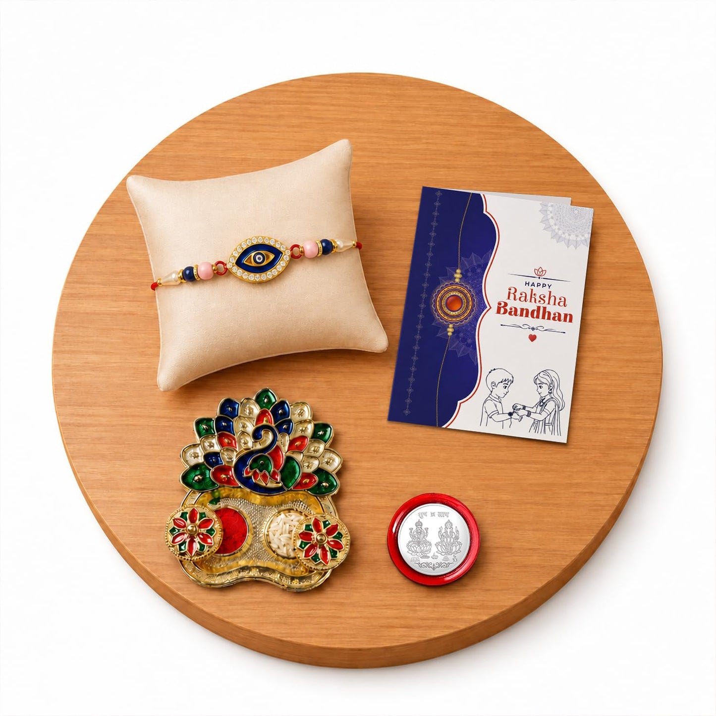 Multicolor Evil Eye Bracelet/Rakhi & Peacock Shape Pooja Thali with Silver Color Pooja Coin, Tikka/Tilak Set & Greeting Card, Rakhi Gift Hamper (Pack of 5) For Raksha Bandhan