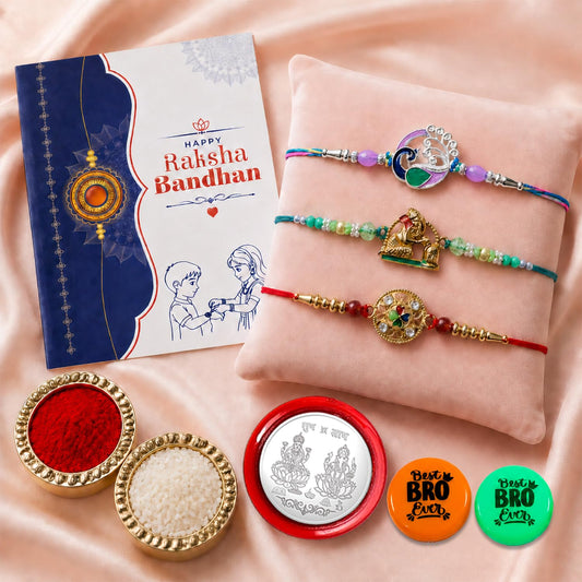 Rakhi Gift Set for Brother with round rakhi, fridge magnet, silver coin and greeting card.
