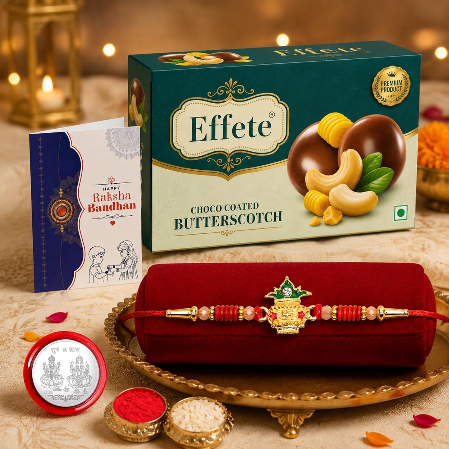 Kalash Rakhi for Brother with Butter Scotch 32gm, Roli Chawal & Card, Pack of 5