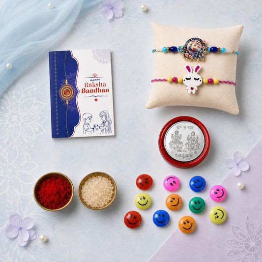 Multicolor Rakhi Gift Combo for Raksha Bandhan with decorative magnets.
