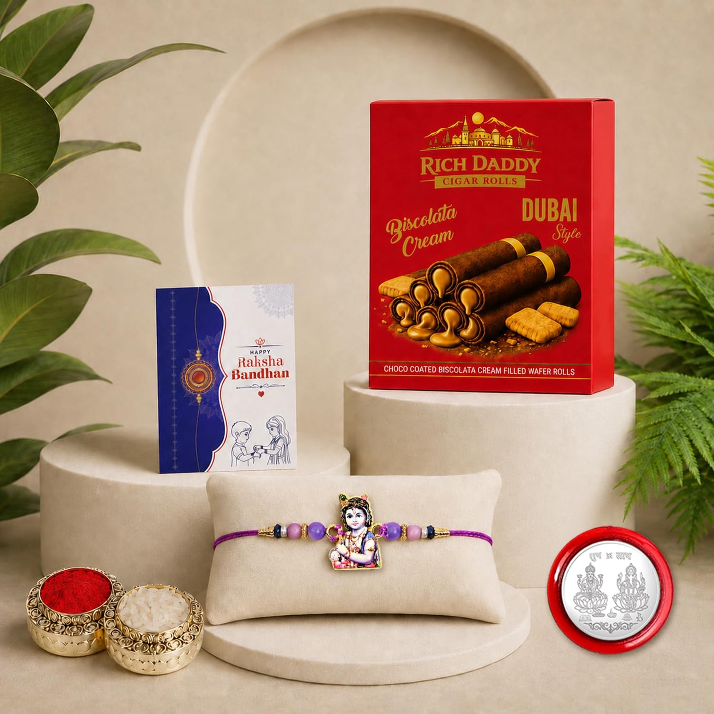 Krishna Rakhi for Brother with Biscolata Wafer Rolls, Coin & Card, Pack of 5