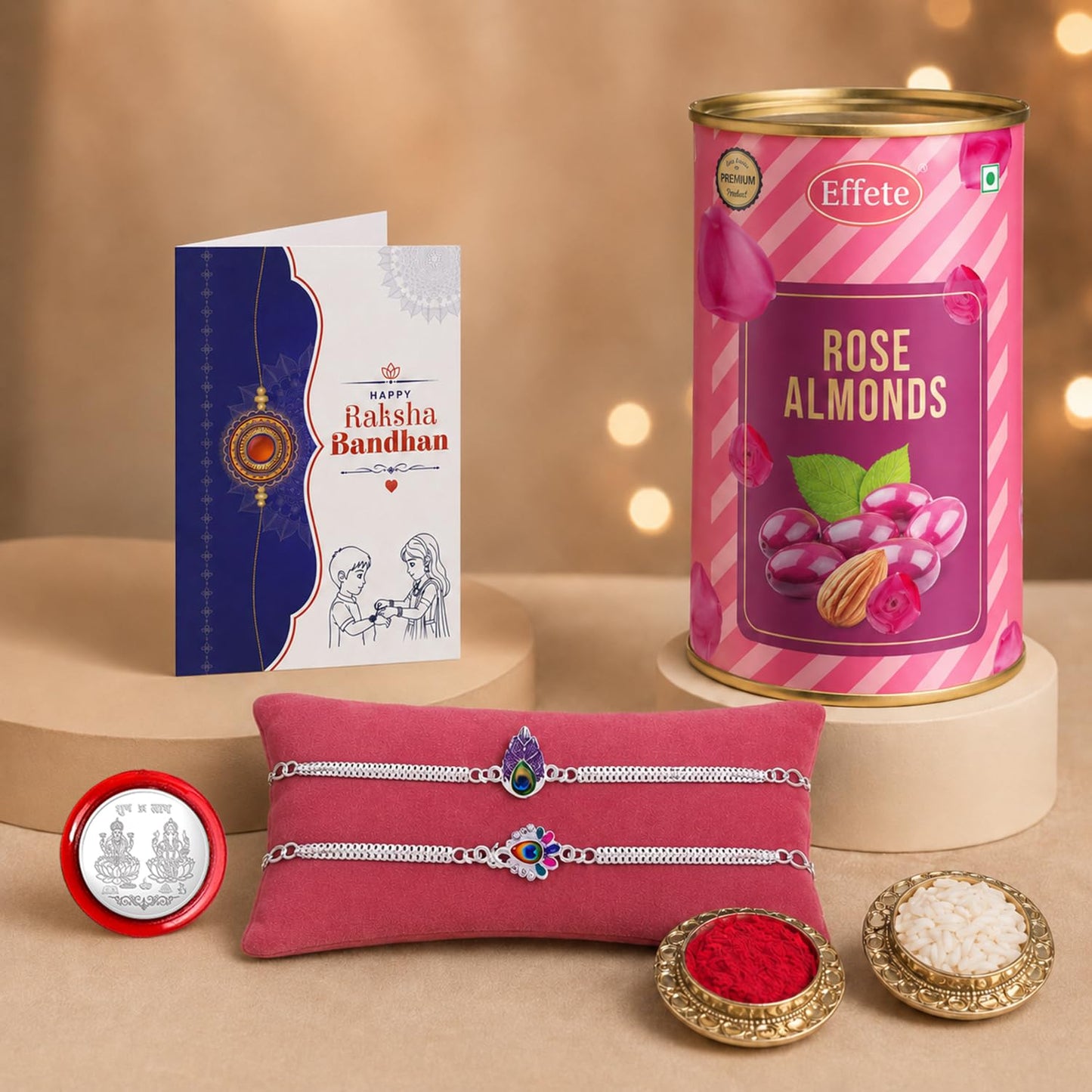Designer Rakhi for Brother with Rose Almond 96gm, Roli Tikka & Card, Pack of 6