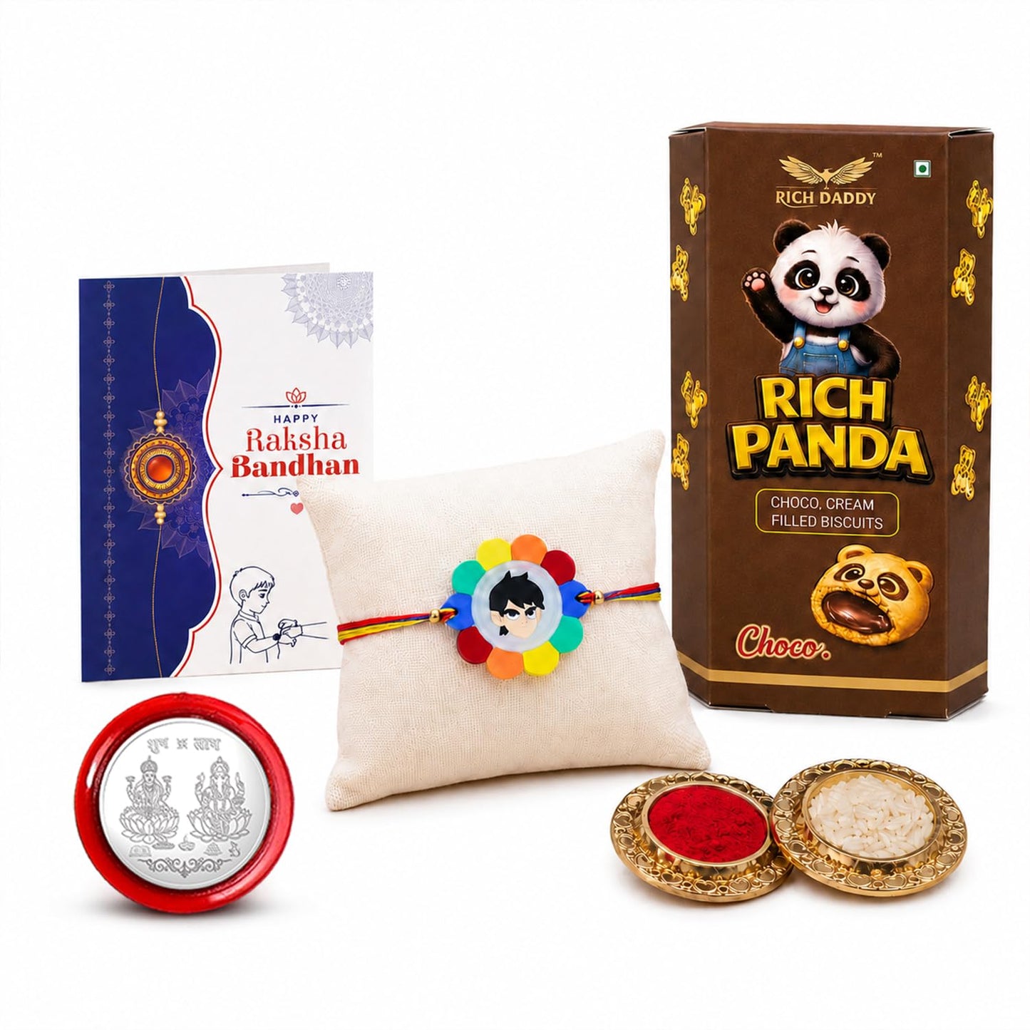 Kids Colorful Fancy Rakhi for Brother with Choco Cream Biscuit 60gm, Pack of 5