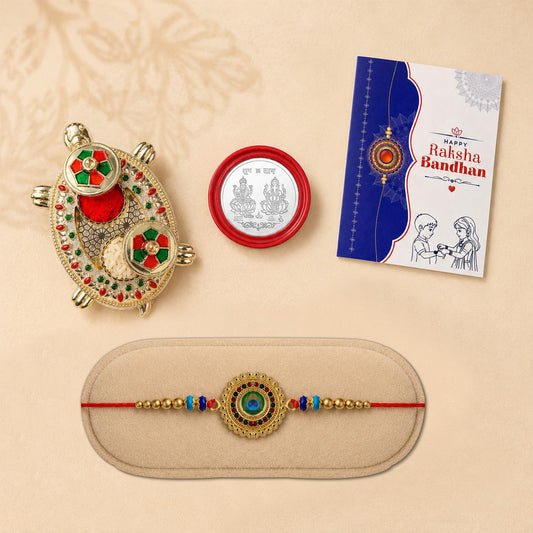 Multicolor turtle shape Raksha Bandhan pooja thali set with silver pooja coin and roli chawal.