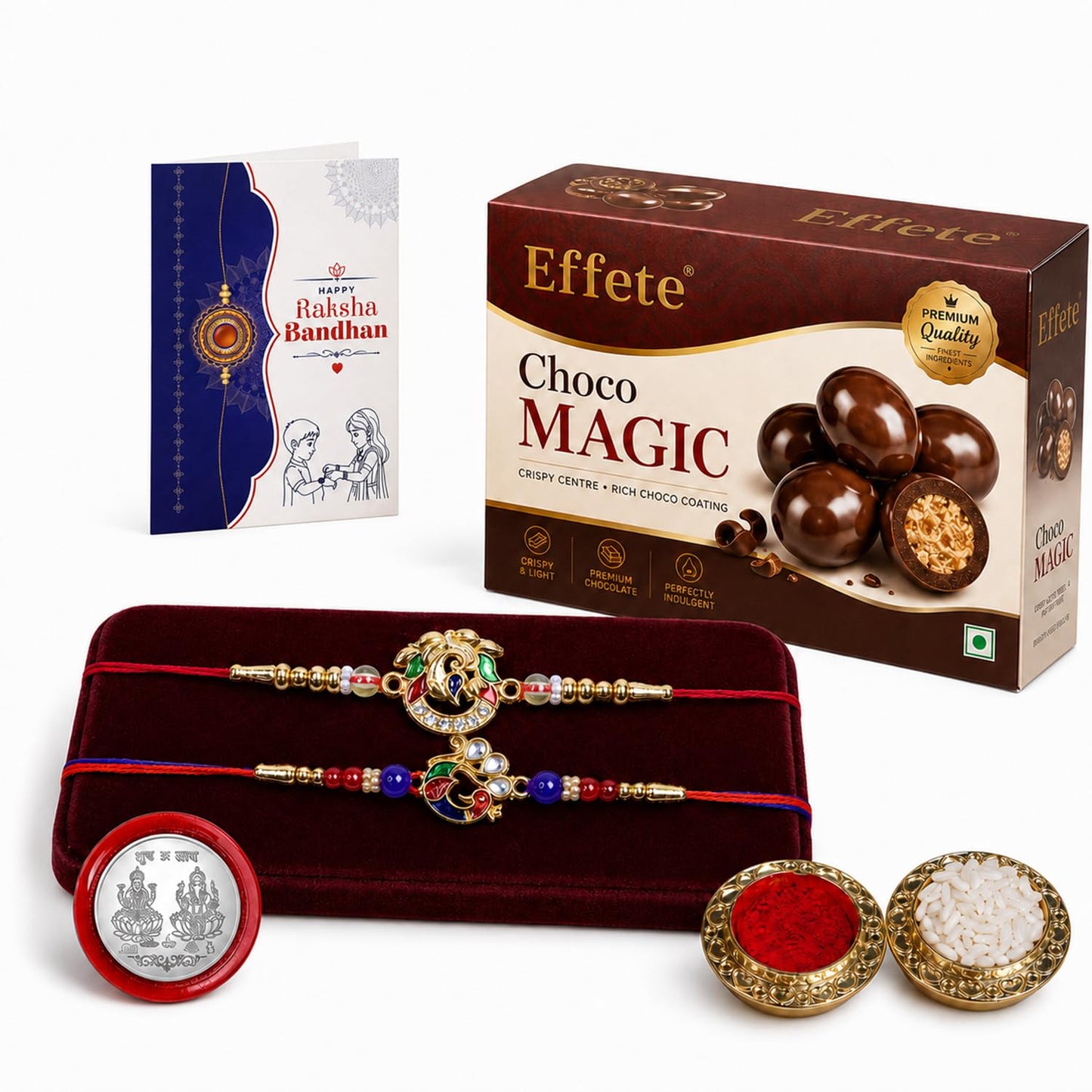 Peacock Rakhi for Brother with Choco Magic 96gm, Coin & Card, Pack of 6 | Trendy