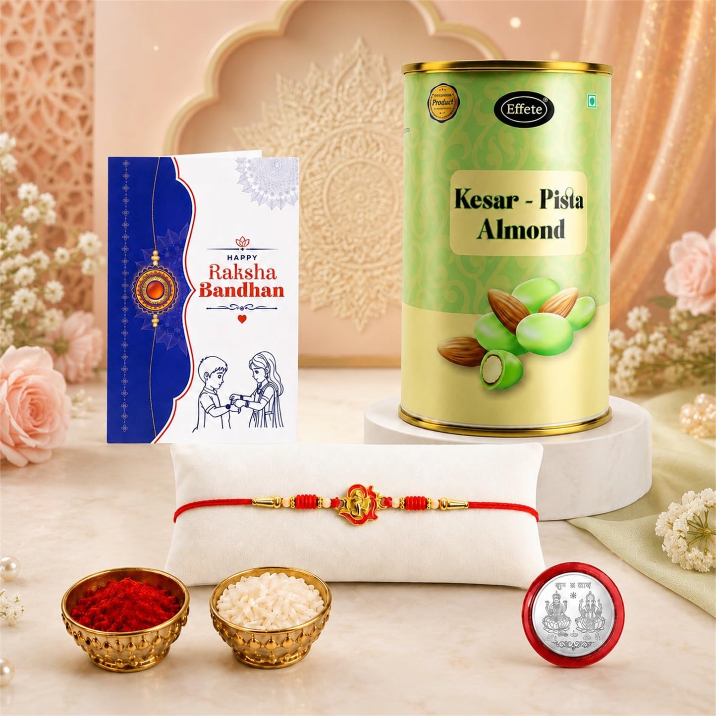 Om Ganesha Multicolor Rakhi & Kesar-Pista Almond 96gm with Roli Chawal, Silver Color Pooja Coin & Greeting Card, Rakshbandhan Combo, Rakhi & Chocolate, Pack of 5 For Raksha Bandhan