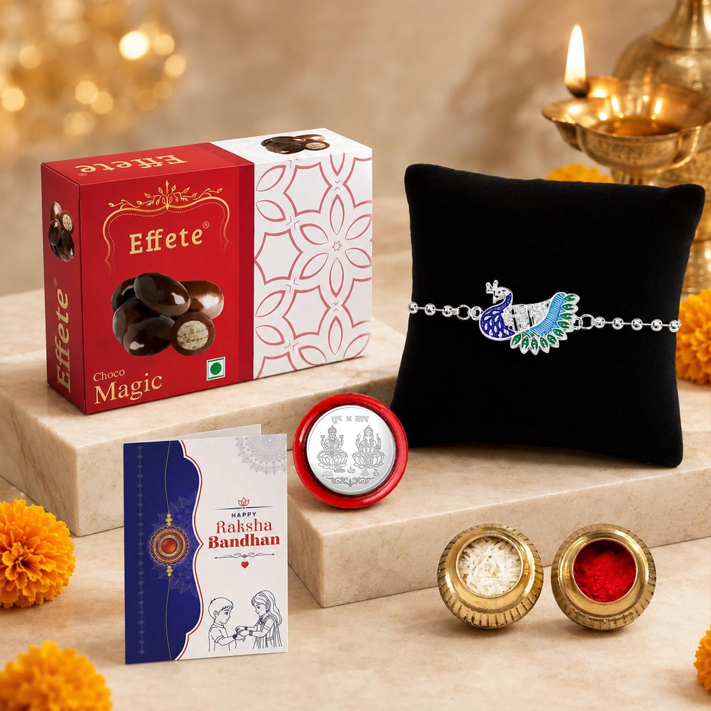 Mor Rakhi for Brother with Chocolate Magic 32gm, Roli Chawal & Card, Pack of 5