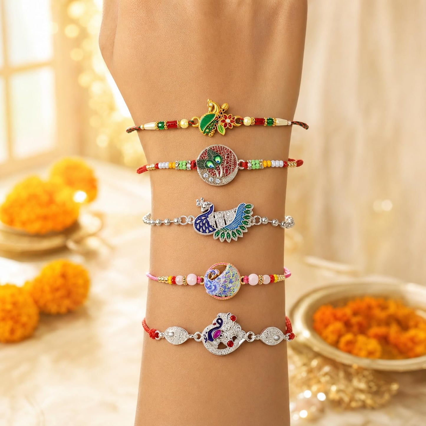 Designer Delightful Rakhi for Brother with Roli Tikka & Greeting Card, Pack of 8