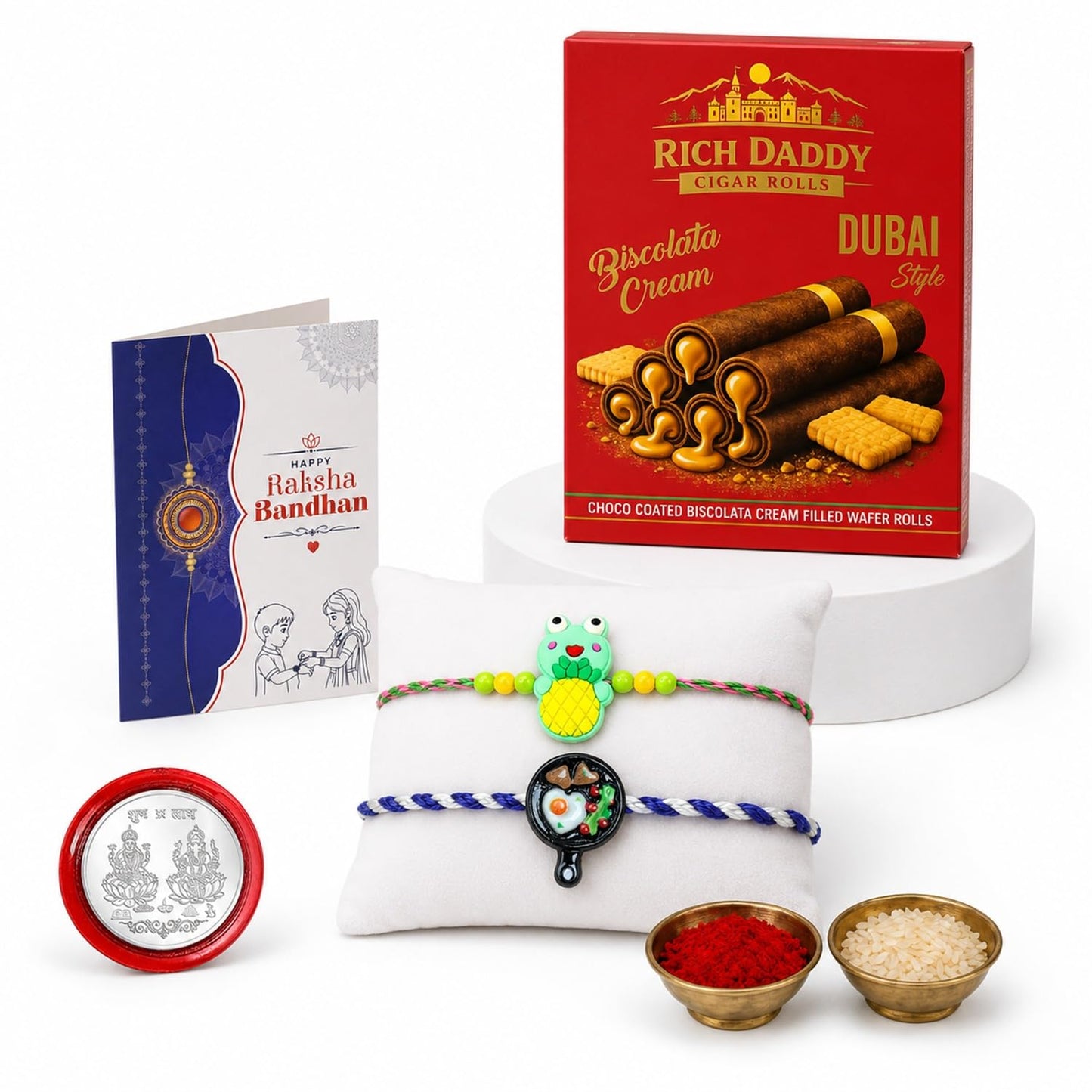 Frying Pan Rakhi for Brother with Biscolata Wafer Rolls, Coin & Card, Pack of 6