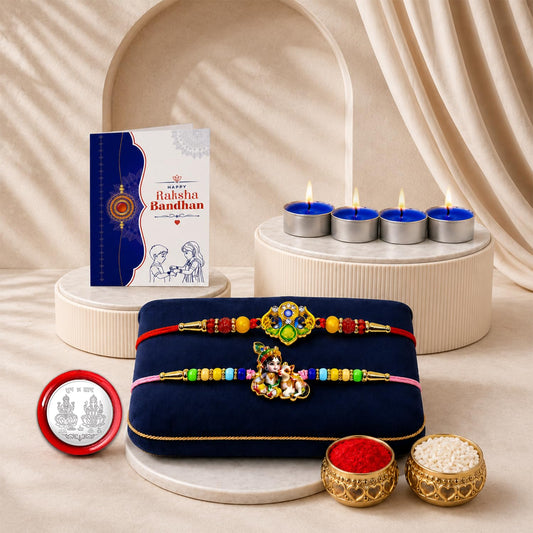 OM Rakhi for Brother with Candles 4pcs, Roli Tikka, Pooja Coin & Card, Pack of 6