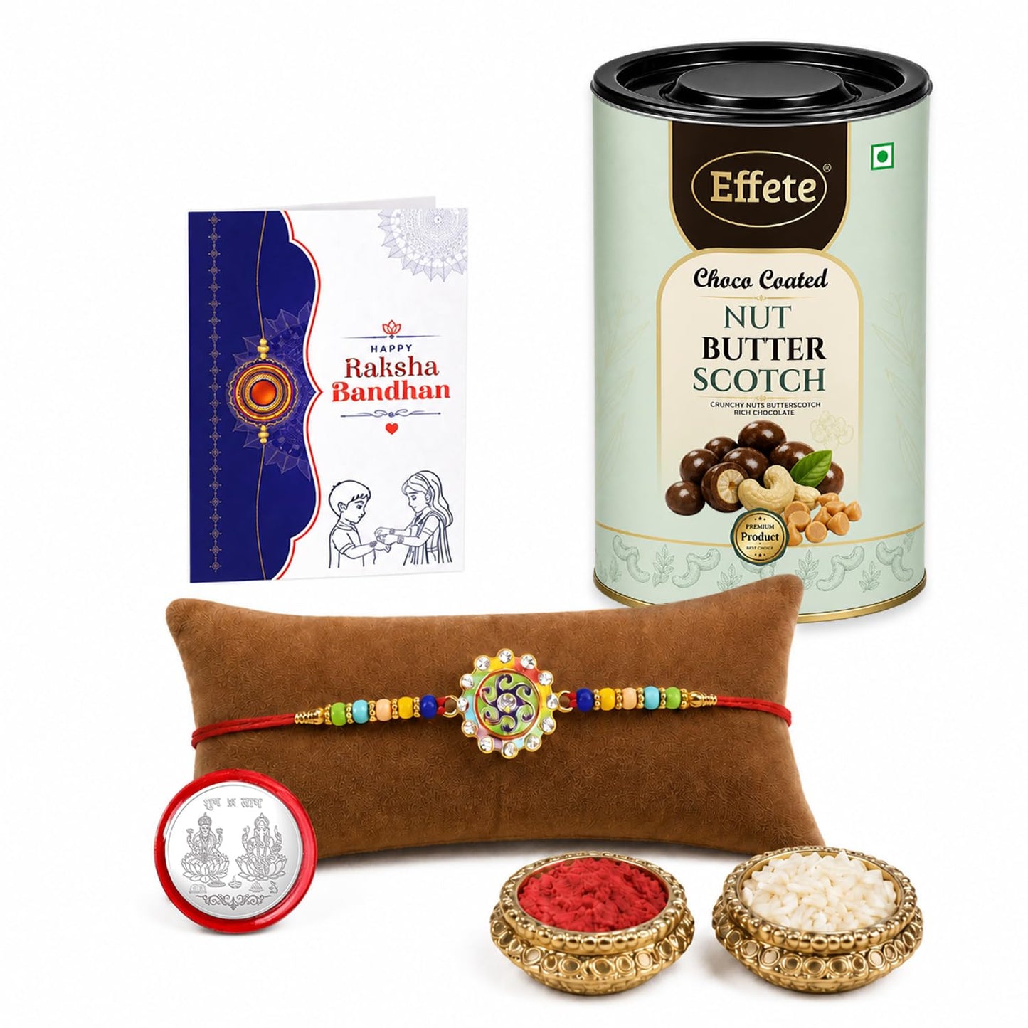Spiral Rakhi for Brother with Butter Scotch 96gm, Roli Tikka & Card, Pack of 5