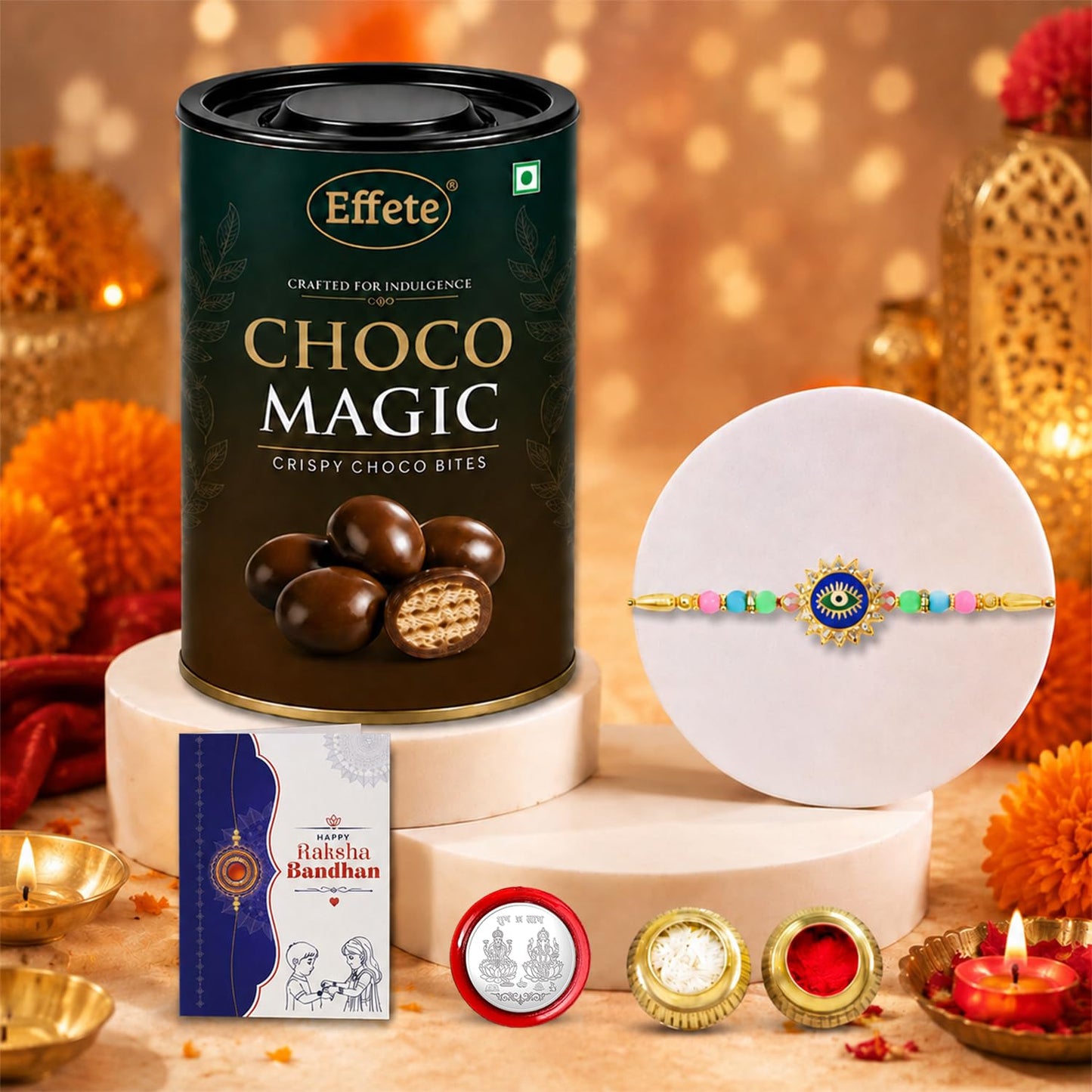 Evil Eye Elegant Rakhi for Brother with Choco Magic 96gm, Coin & Card, Pack of 5