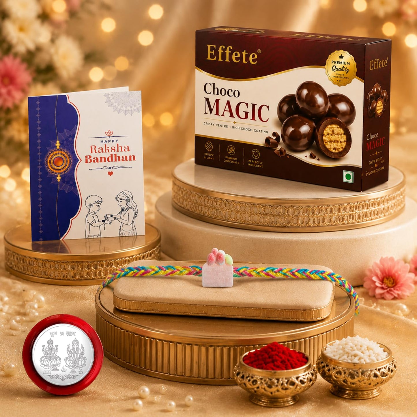 Pastry Rakhi for Brother with Chocolate Magic 32gm, Roli Chawal & Card, Pack of 5