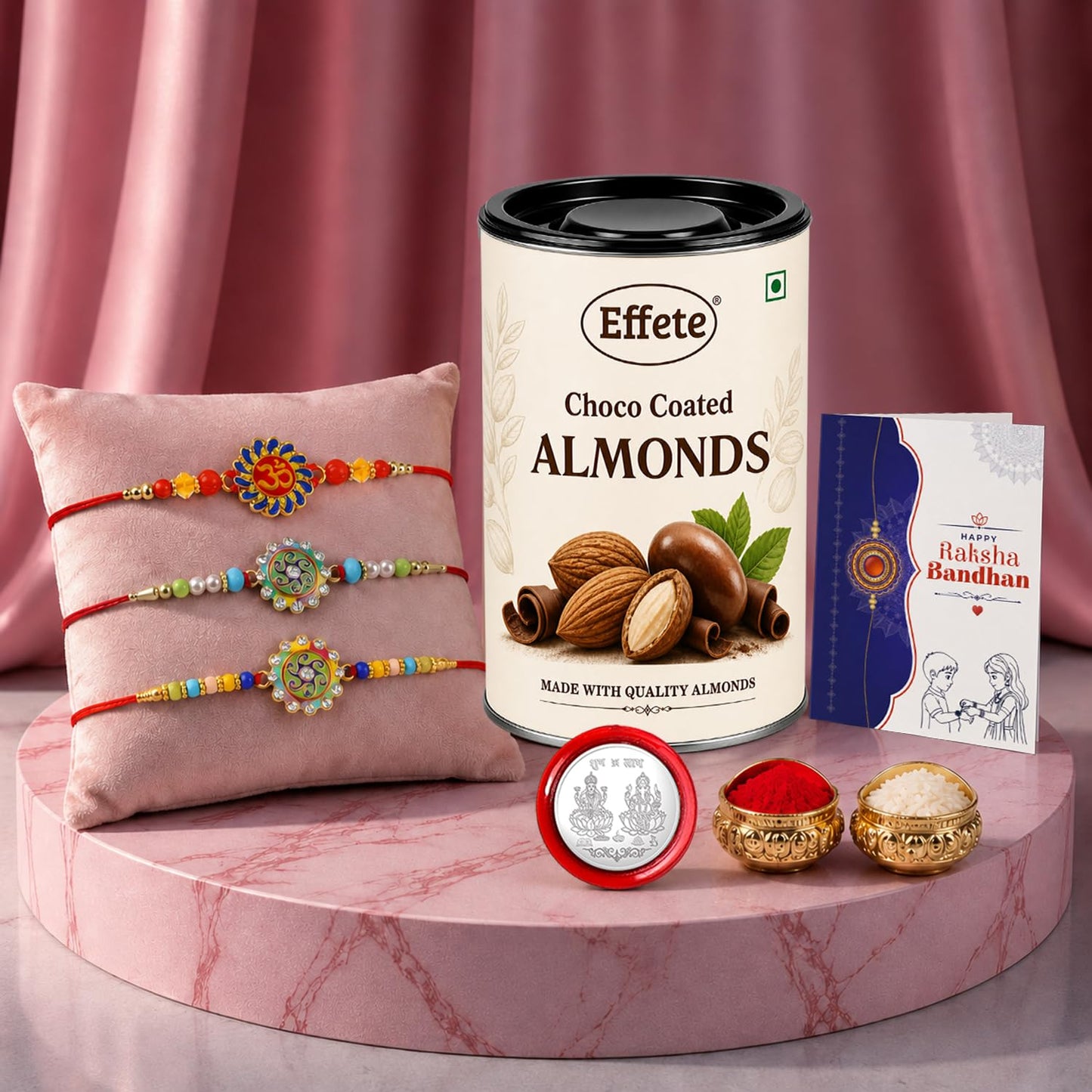 Om, Round Shape Rakhi Combo - Raksha Bandhan Gift with Choco Almonds 96gm, Pack of 7